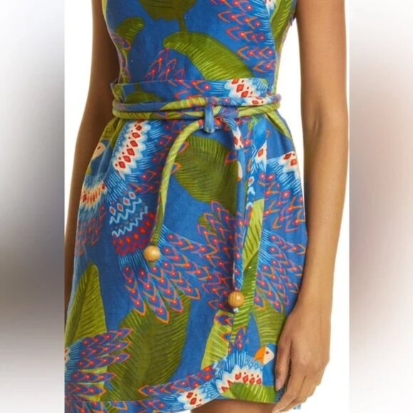 Farm Rio Blue Macaw Parrot Bird Square Neck Sleeveless Linen Mini Dress Sz M - Picture 8 of 8